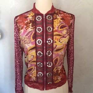 Jaipur Pink,Gold,orange Sheer,lace & sequins animal print jacket Size Medium